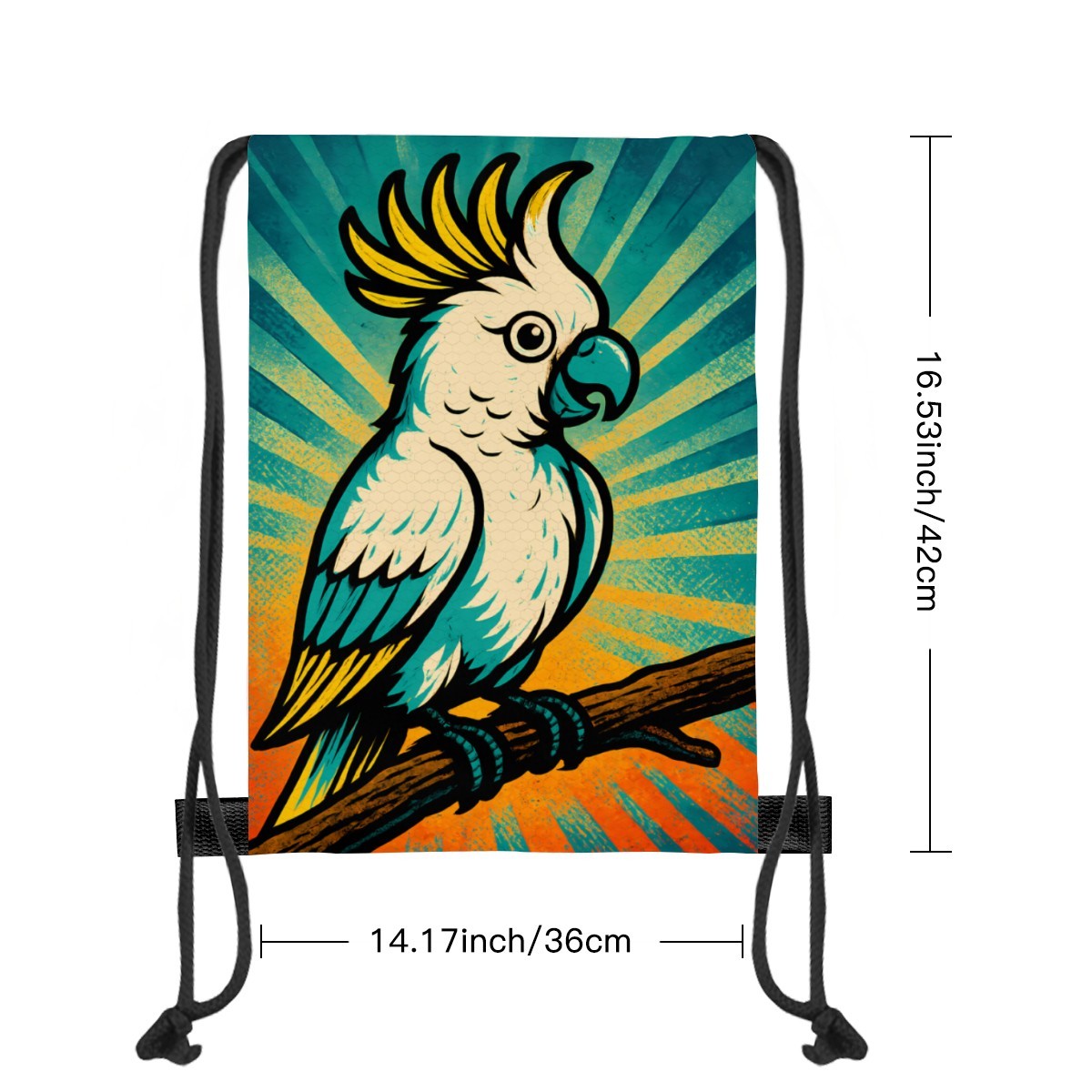 Size chart for the retro cockatoo drawstring bag, 36cm wide by 42cm tall, one size.