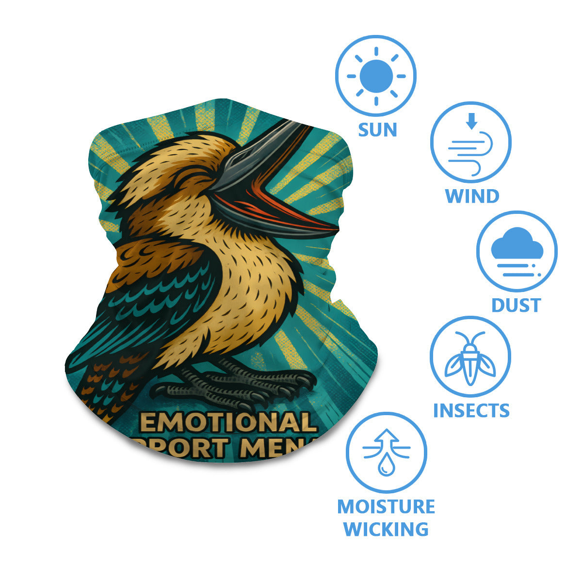 Emotional Support Menace neck gaiter worn around the neck, with sun, wind, dust and insect protection icons