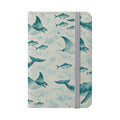 Teal whale, ray and fish pattern passport cover with a grey elastic band, front view on white