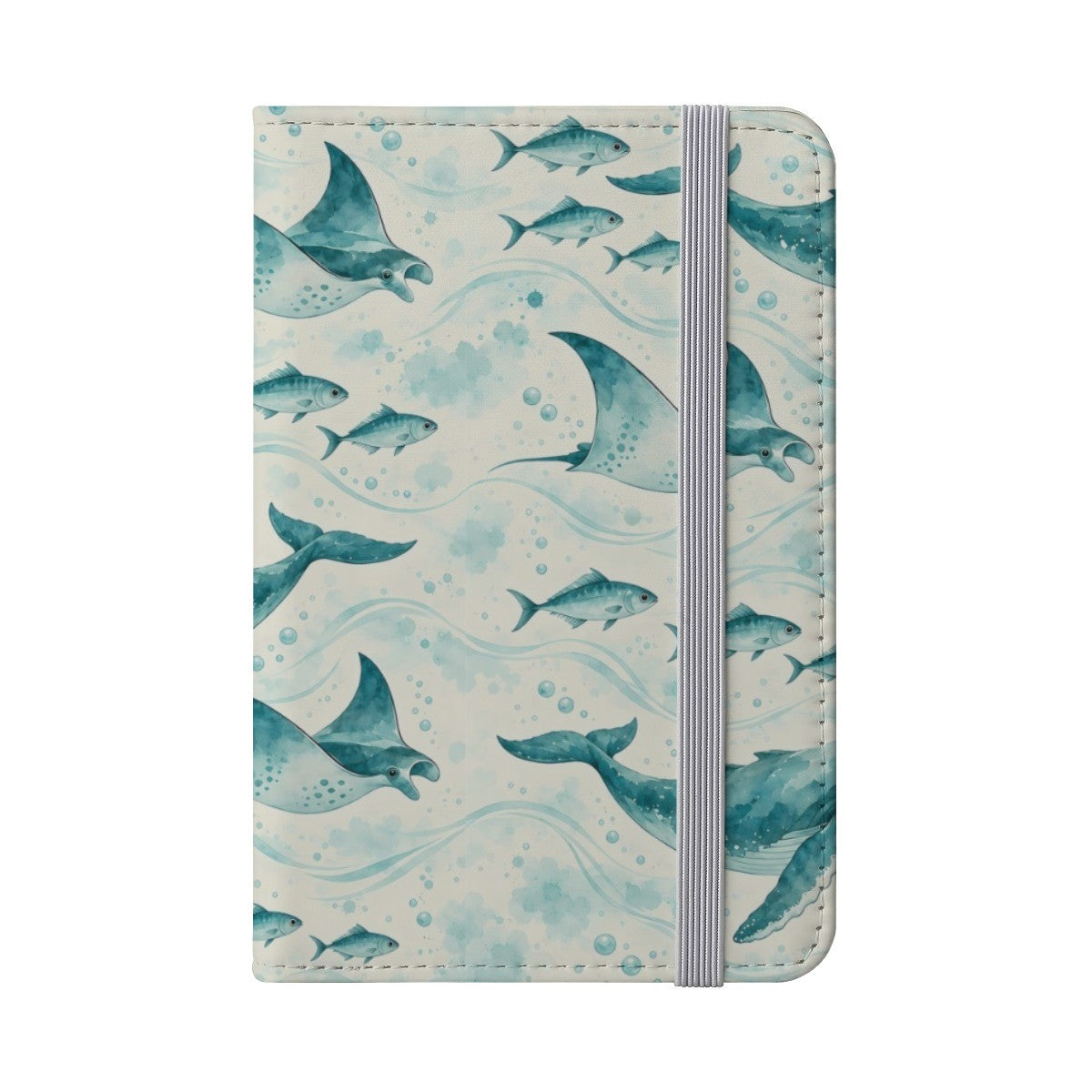 Teal whale, ray and fish pattern passport cover with a grey elastic band, front view on white