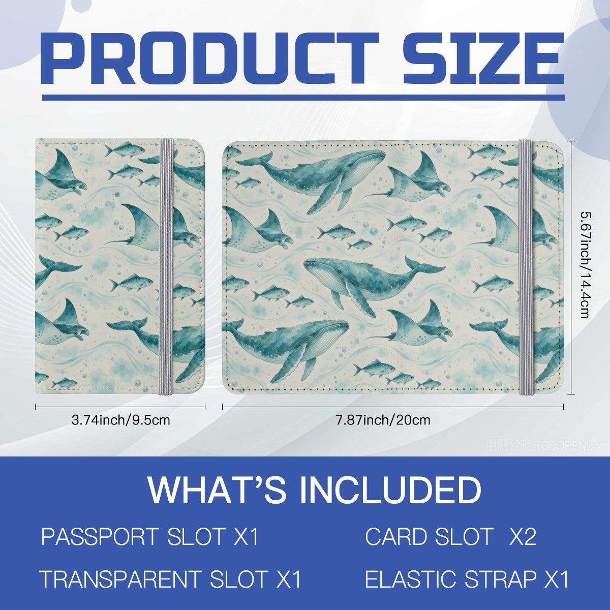 Size diagram of the passport cover: 20 cm wide opened out, 9.5 cm closed and 14.4 cm high