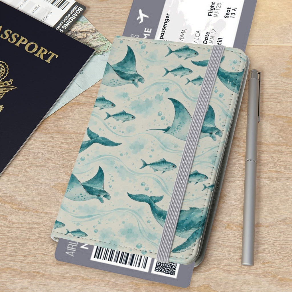 Teal whale and ray passport cover on a wooden desk beside a passport, boarding pass and pen