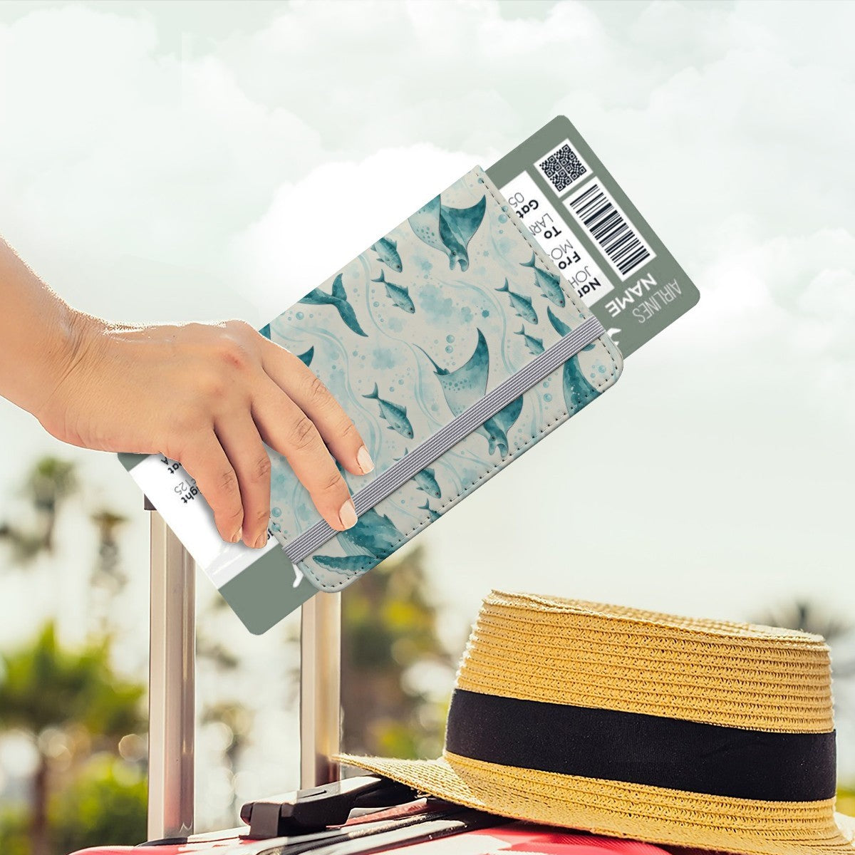 Hand holding the whale and ray passport cover with a boarding pass tucked in, straw hat and suitcase behind