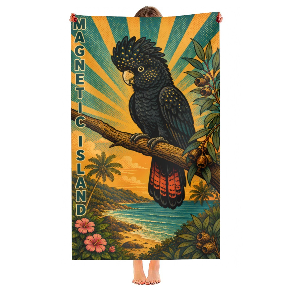 Cockatoo beach towel held up, full print shown