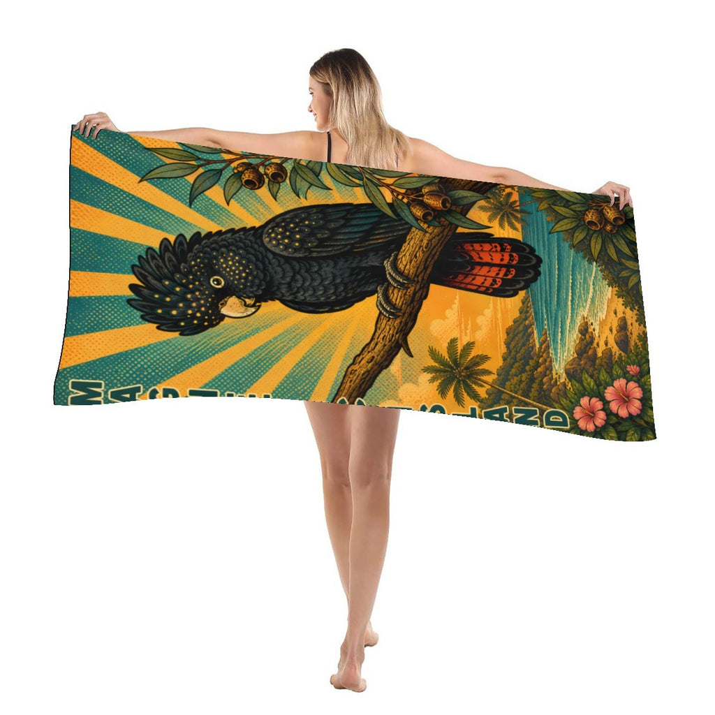 Cockatoo beach towel draped over the shoulder at the beach