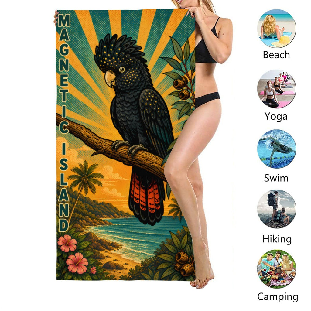 Cockatoo beach towel size shown, suited to beach, yoga, swimming, hiking and camping