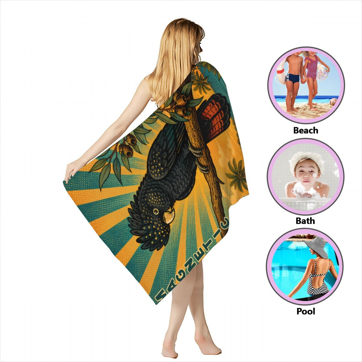Cockatoo beach towel wrapped around the body, for beach, bath or pool