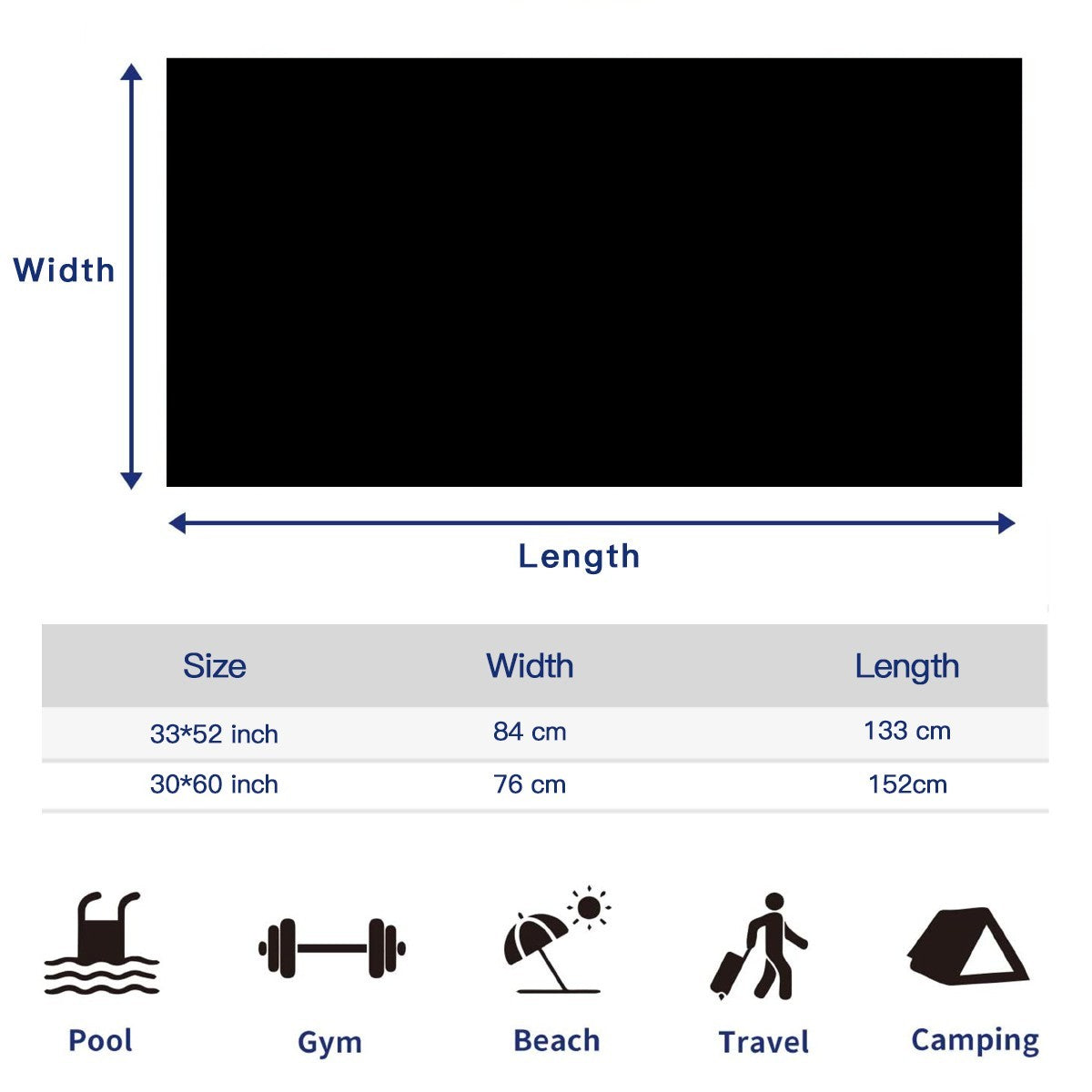 Size chart for the beach towel, 33 x 52 inch and 30 x 60 inch