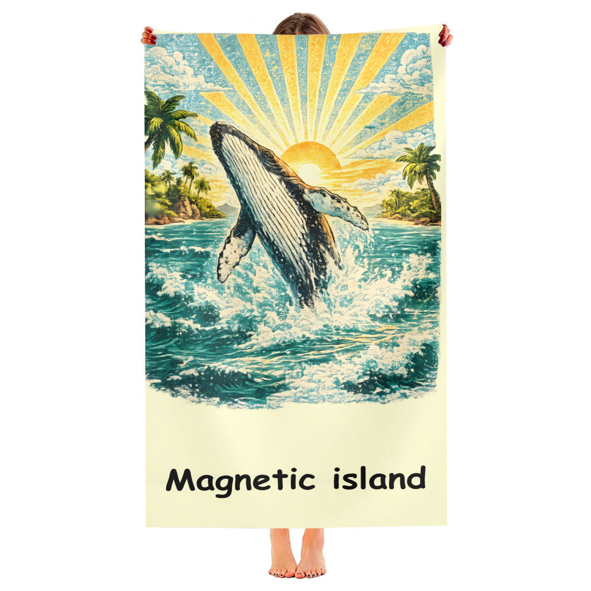 Humpback whale beach towel held up, full print shown