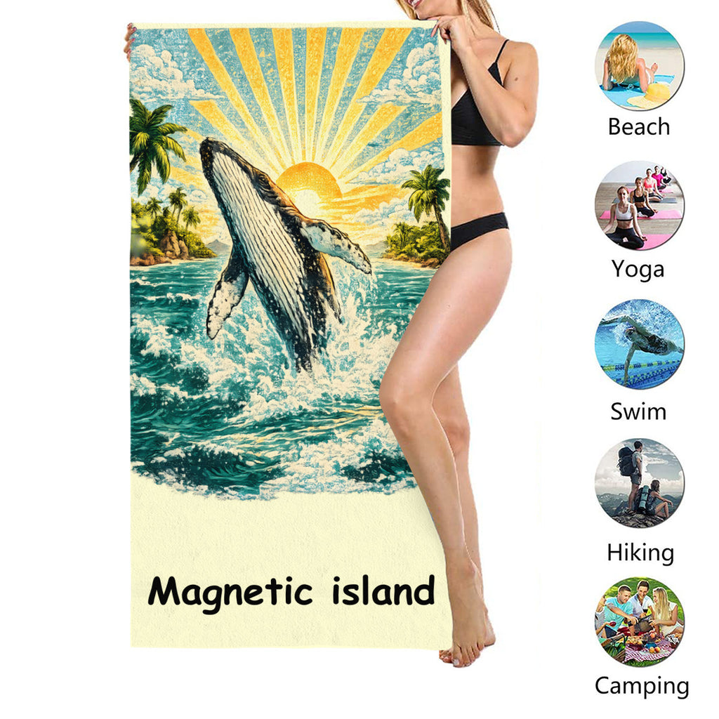 Humpback whale beach towel size shown, suited to beach, yoga, swimming, hiking and camping
