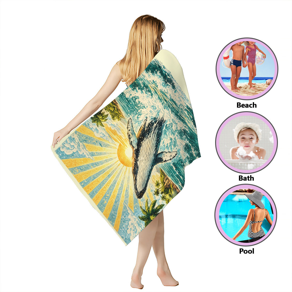 Humpback whale beach towel wrapped around the body, for beach, bath or pool