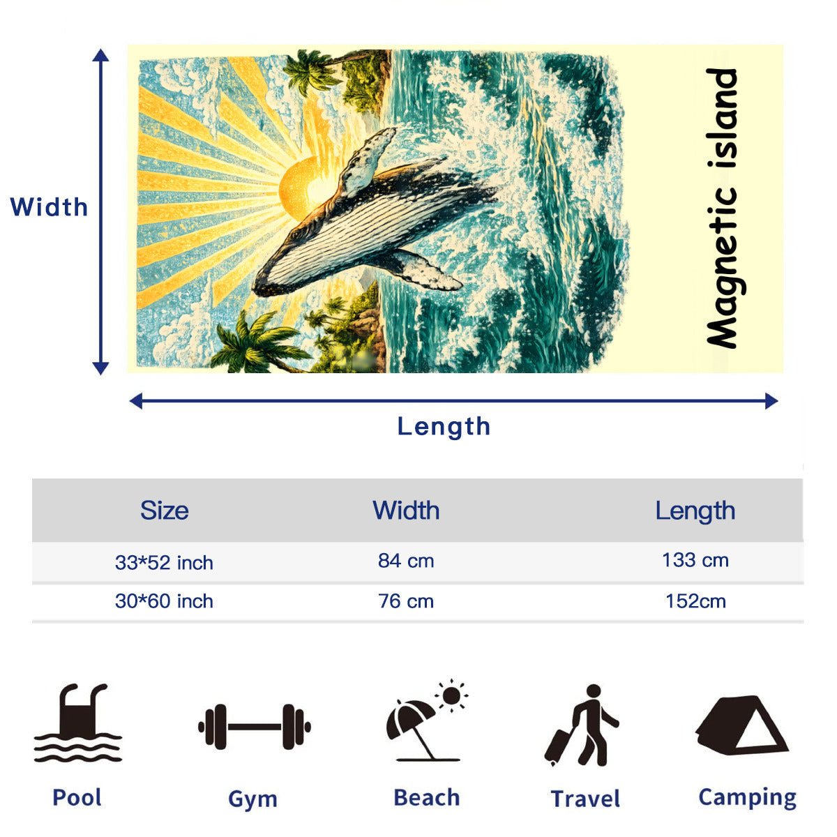 Size chart for the beach towel, 33 x 52 inch and 30 x 60 inch