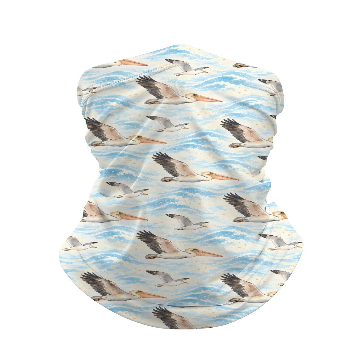 Neck gaiter and diving headband with grey and brown pelicans over pale blue waves