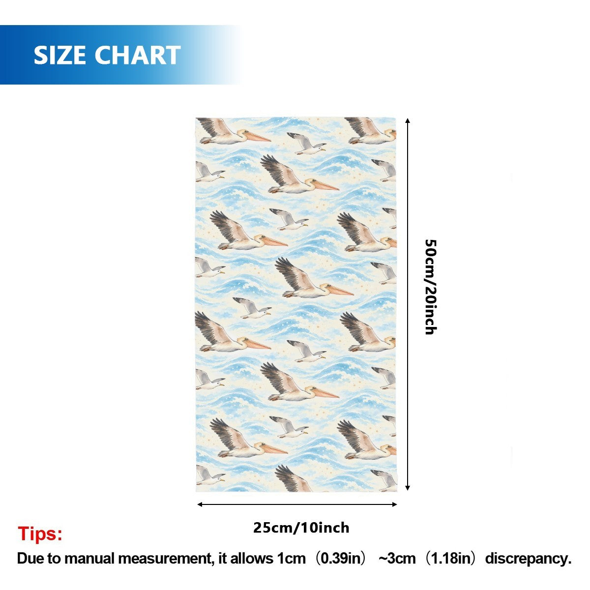 Size chart for the neck gaiter, a tube about 50 cm long and 25 cm wide when flat