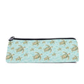 Slim zip pencil case printed with green and gold sea turtles on rippling turquoise water