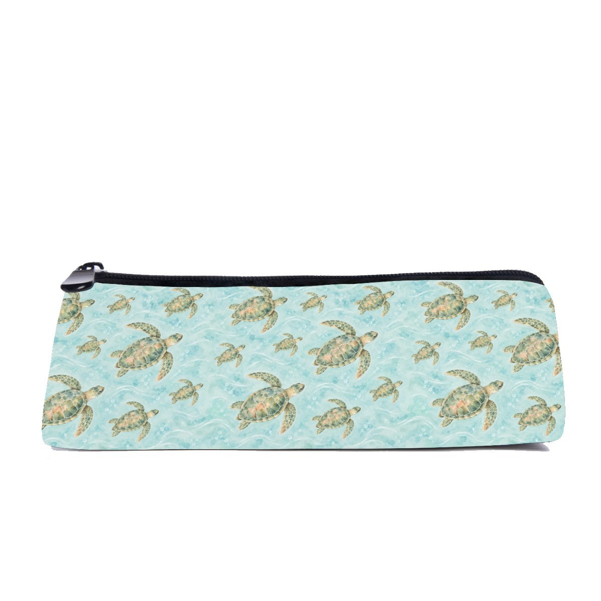 Slim zip pencil case printed with green and gold sea turtles on rippling turquoise water