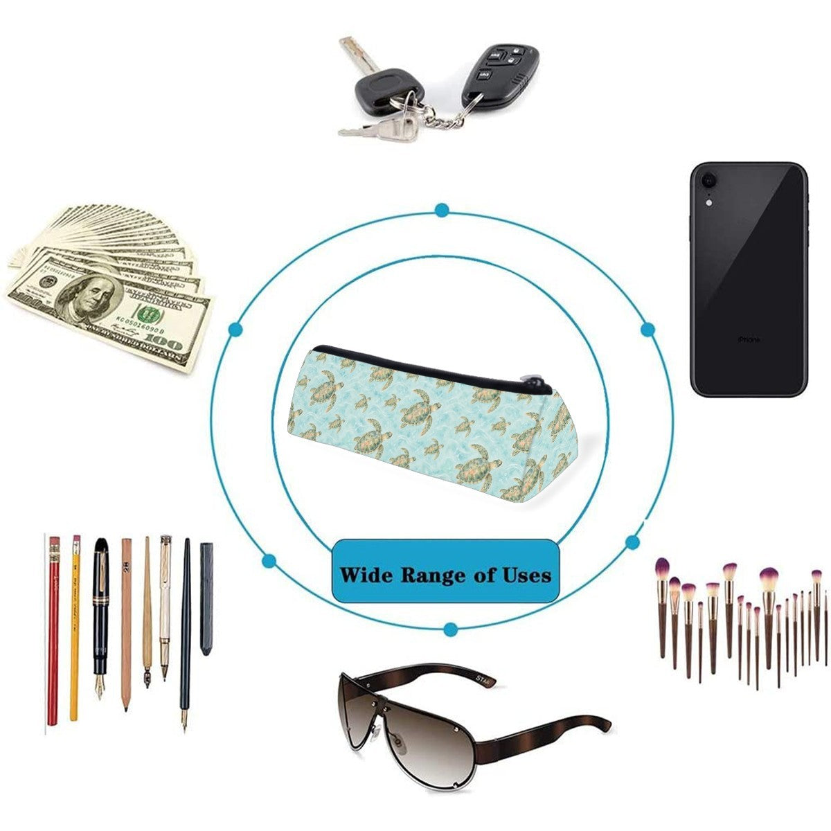 Sea turtle pencil case shown with items it can hold, including pens, brushes, keys and a phone