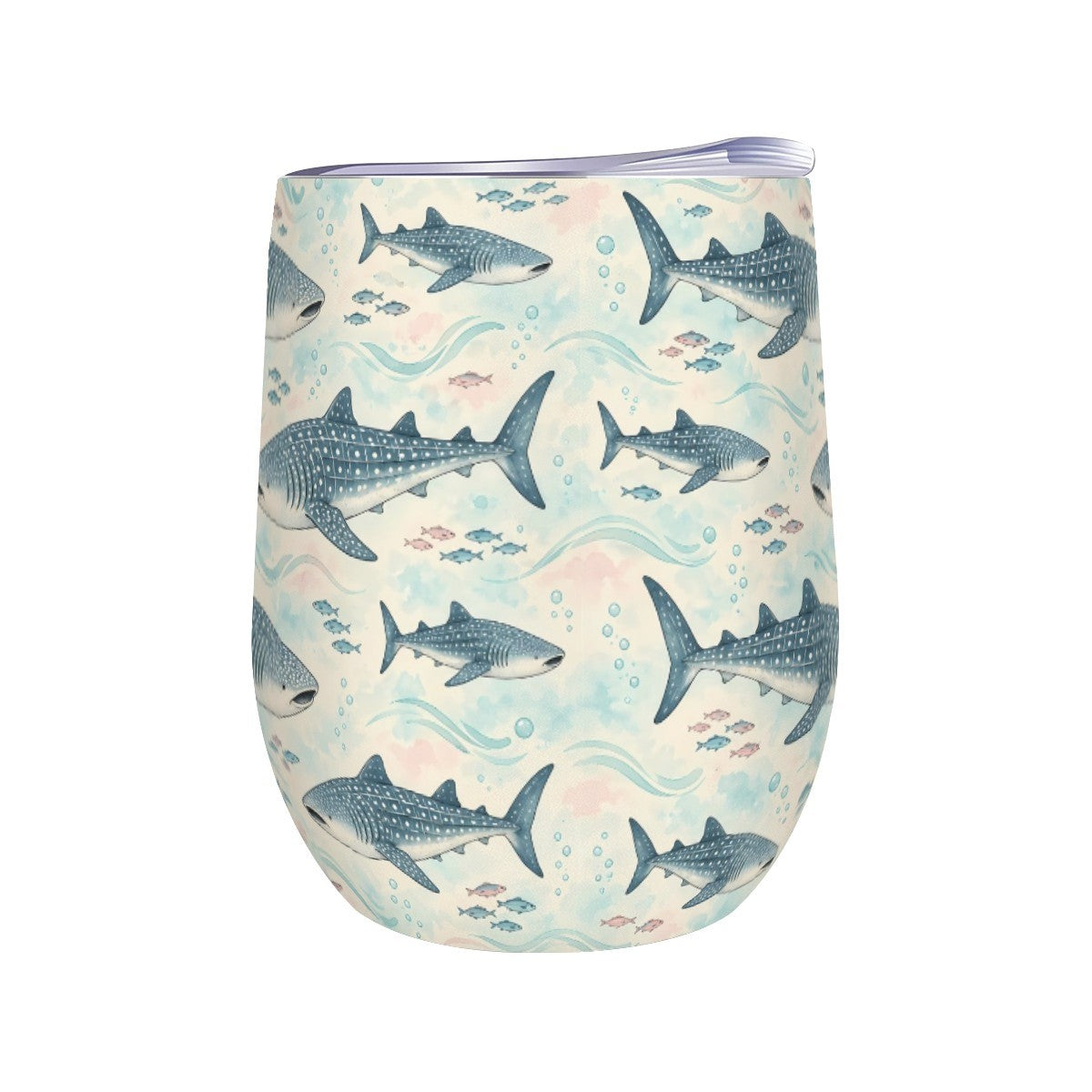 White stemless wine tumbler printed with a repeating pattern of whale sharks