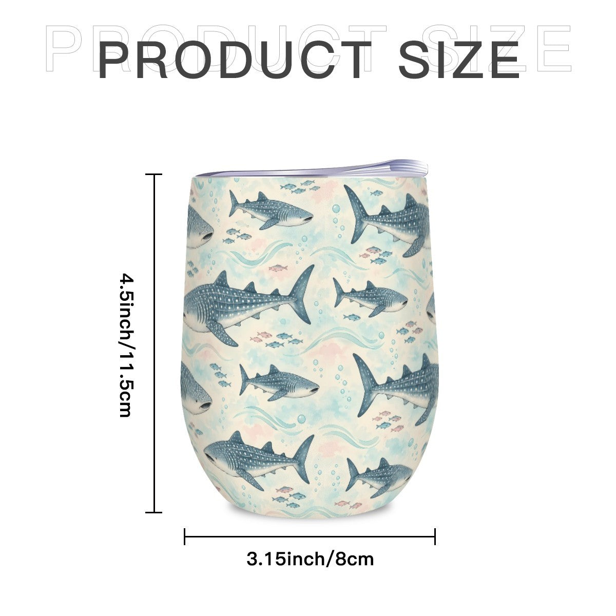 Size diagram of the whale shark tumbler showing its height and width