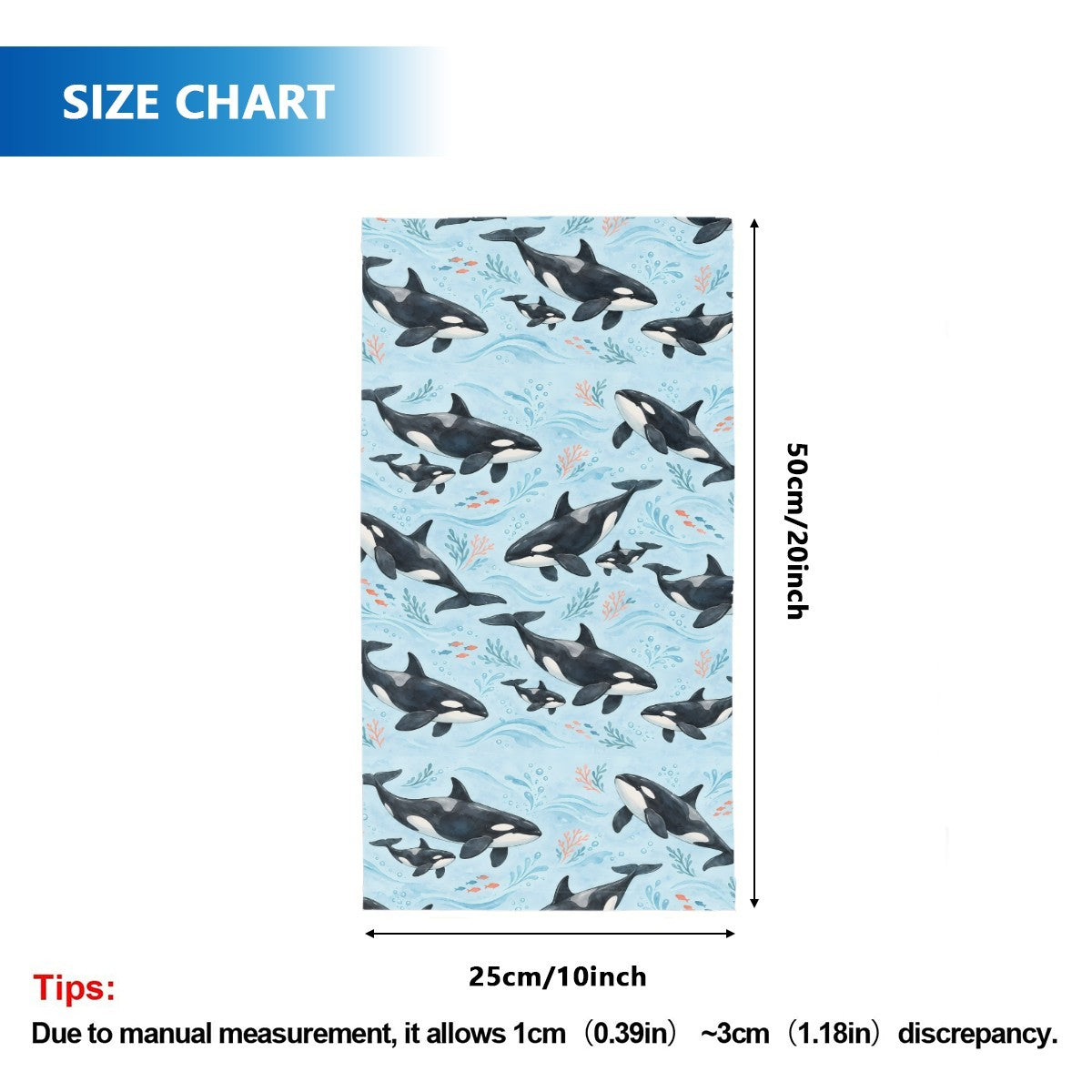 Size chart for the neck gaiter, a tube about 50 cm long and 25 cm wide when flat