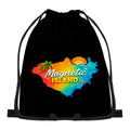 Magnetic Island map design on a black drawstring bag, front view.