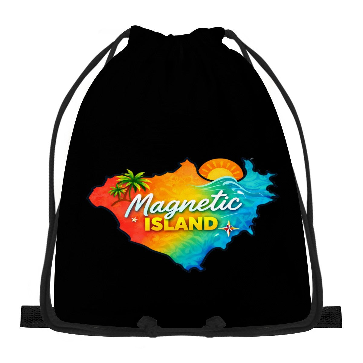 Magnetic Island map design on a black drawstring bag, front view.