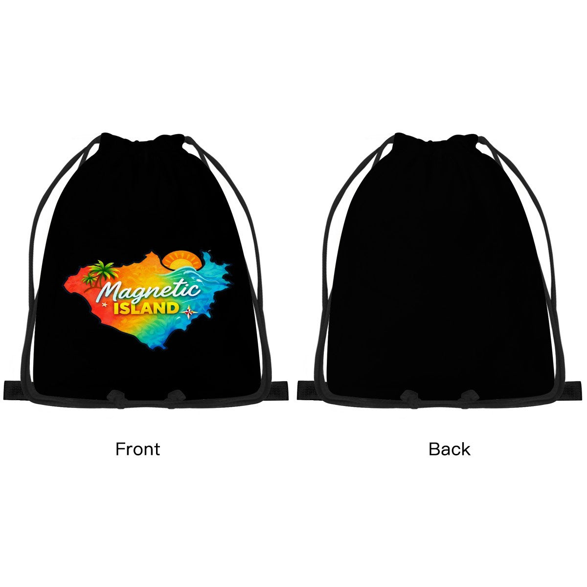 Front and back view of the Magnetic Island Map drawstring bag, plain black on the reverse.