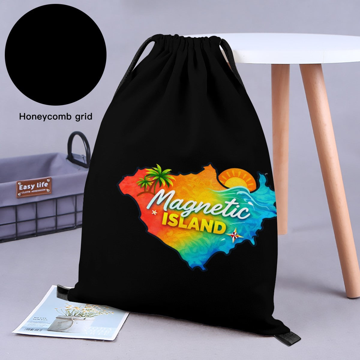 Close-up of the woven fabric texture on the Magnetic Island Map drawstring bag.