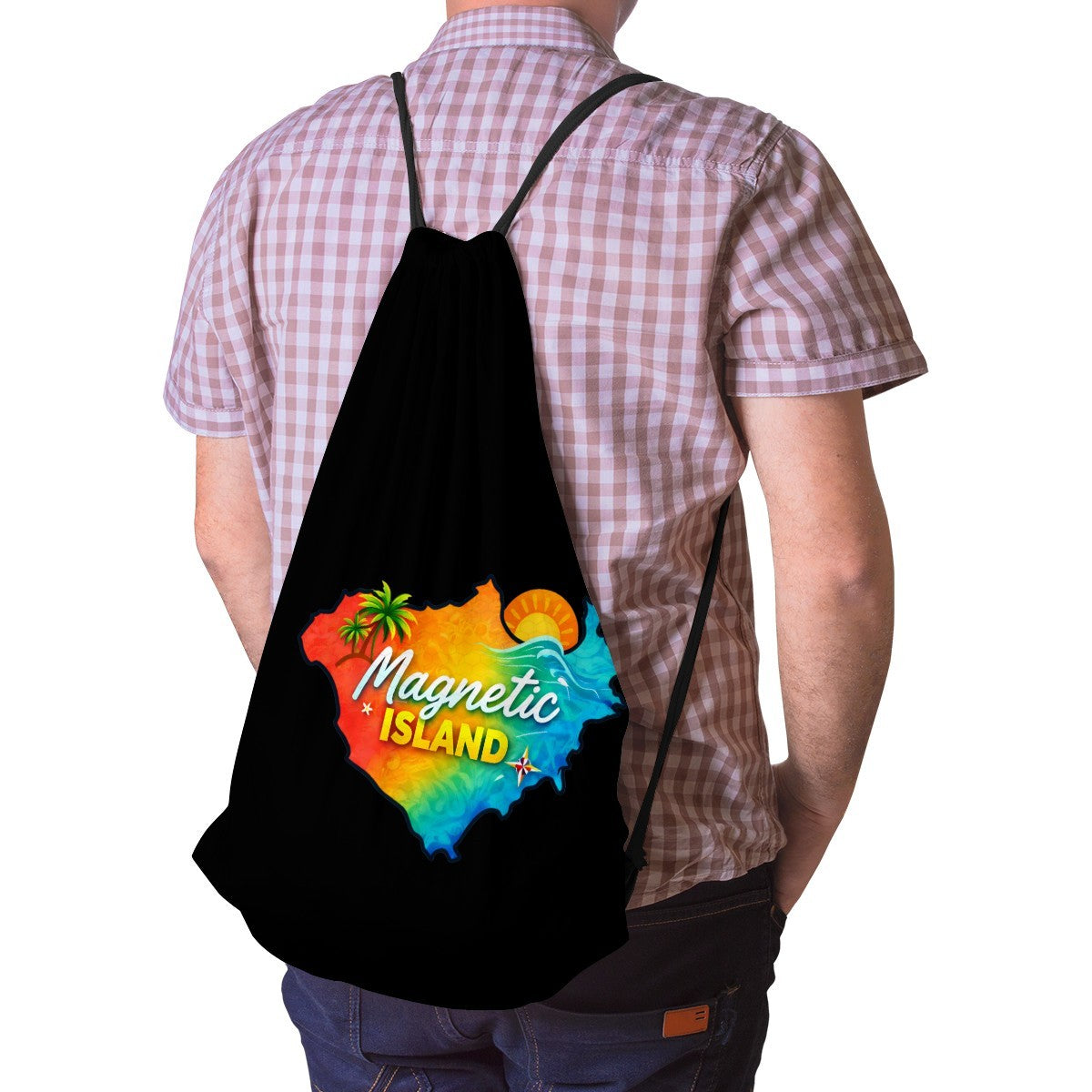Magnetic Island Map drawstring bag worn on the back, straps over both shoulders.