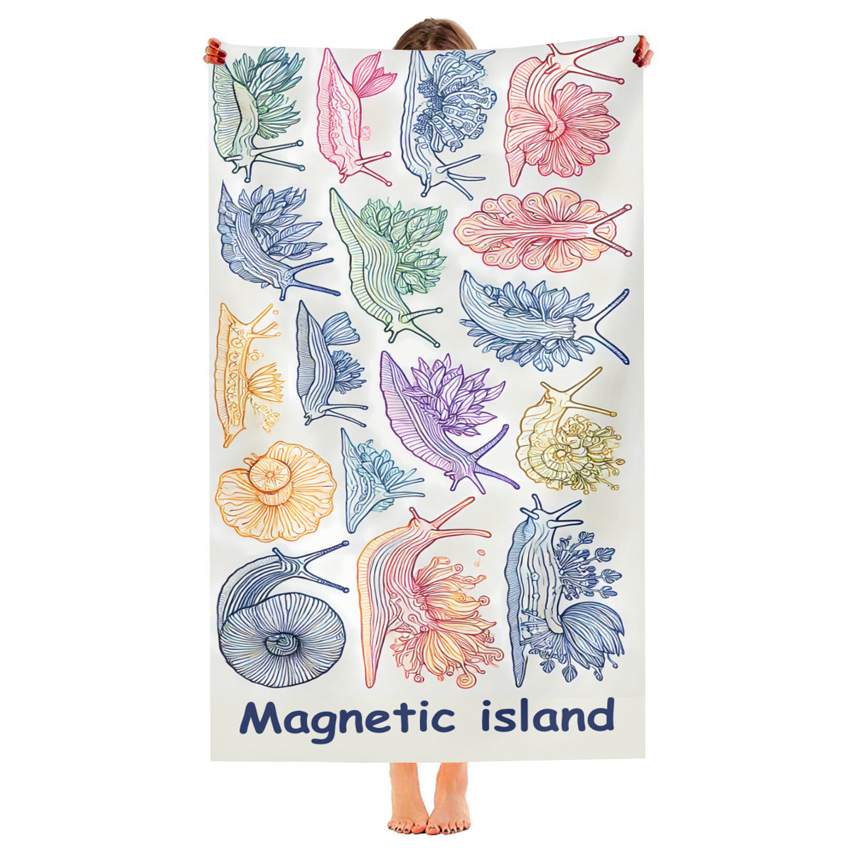 Nudibranch beach towel held up, full print shown