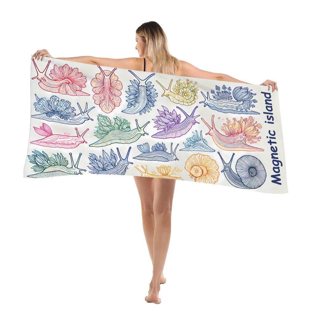 Nudibranch beach towel draped over the shoulder at the beach