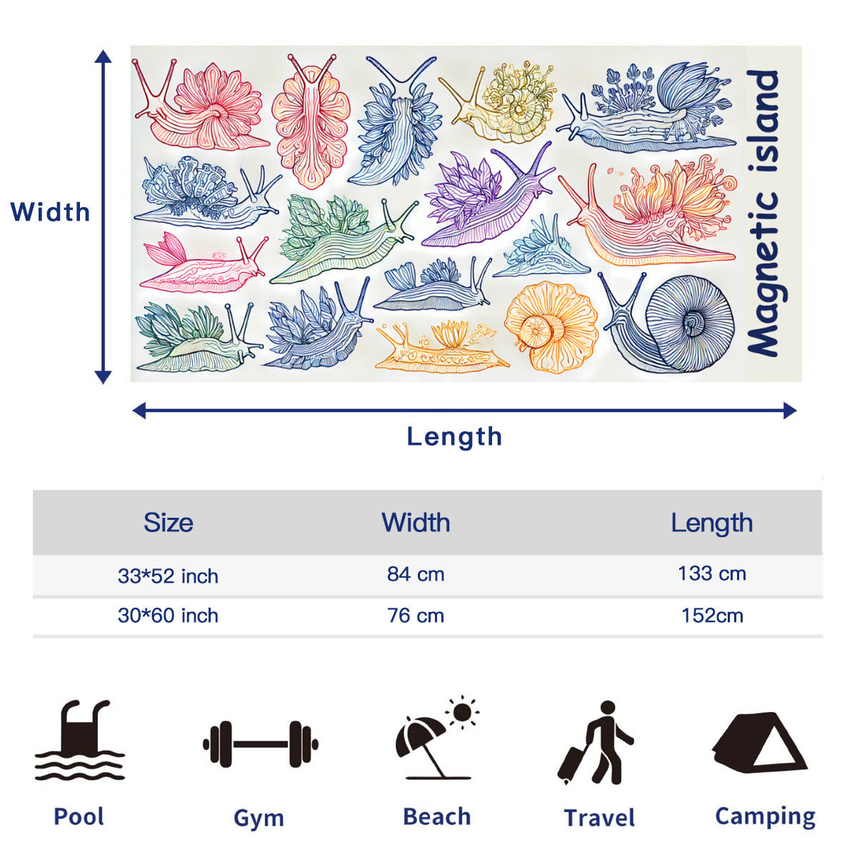 Size chart for the beach towel, 33 x 52 inch and 30 x 60 inch