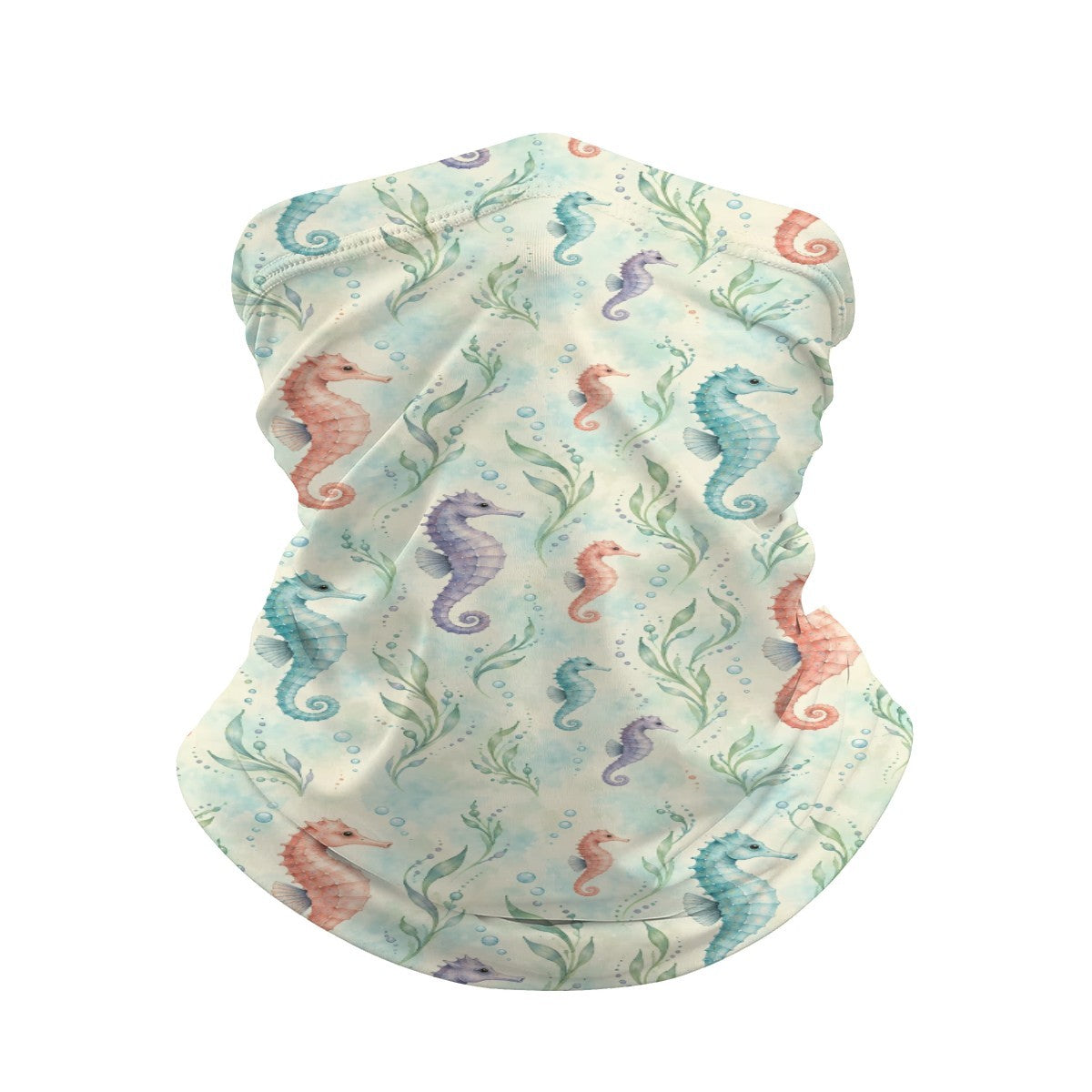 Neck gaiter and diving headband with coral, teal and purple seahorses and seaweed on a cream and pale green background