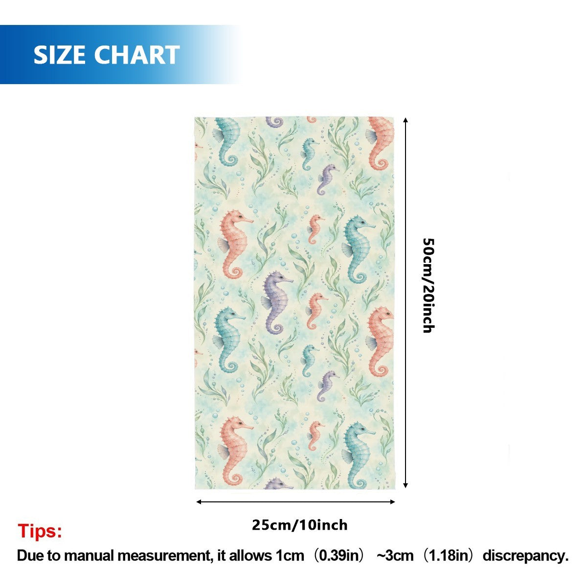 Size chart for the neck gaiter, a tube about 50 cm long and 25 cm wide when flat