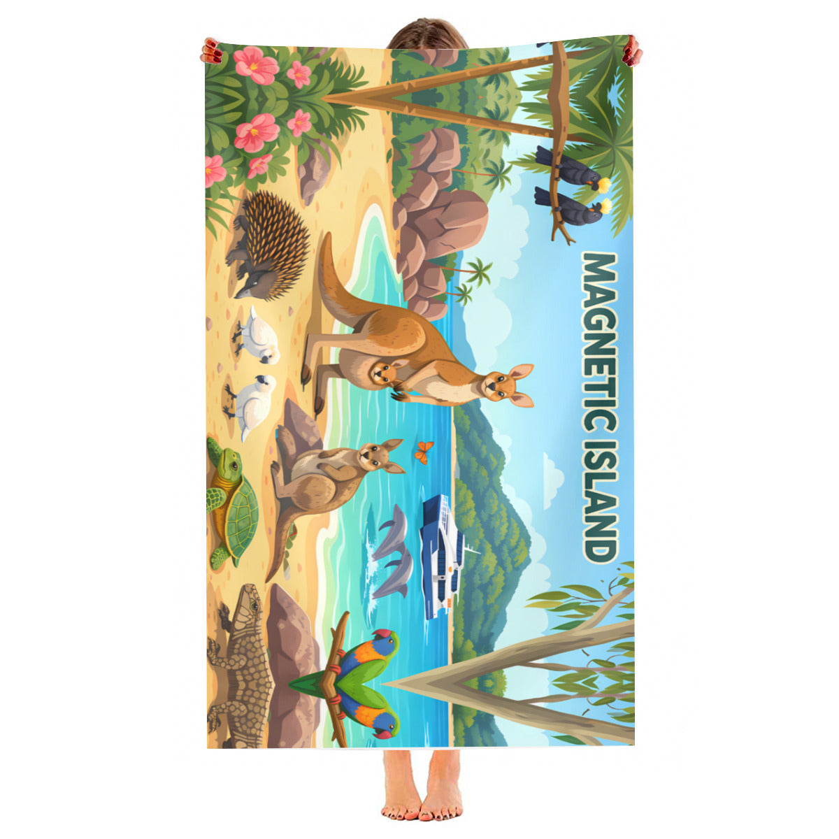 Magnetic Island wildlife scene beach towel held up, full print shown