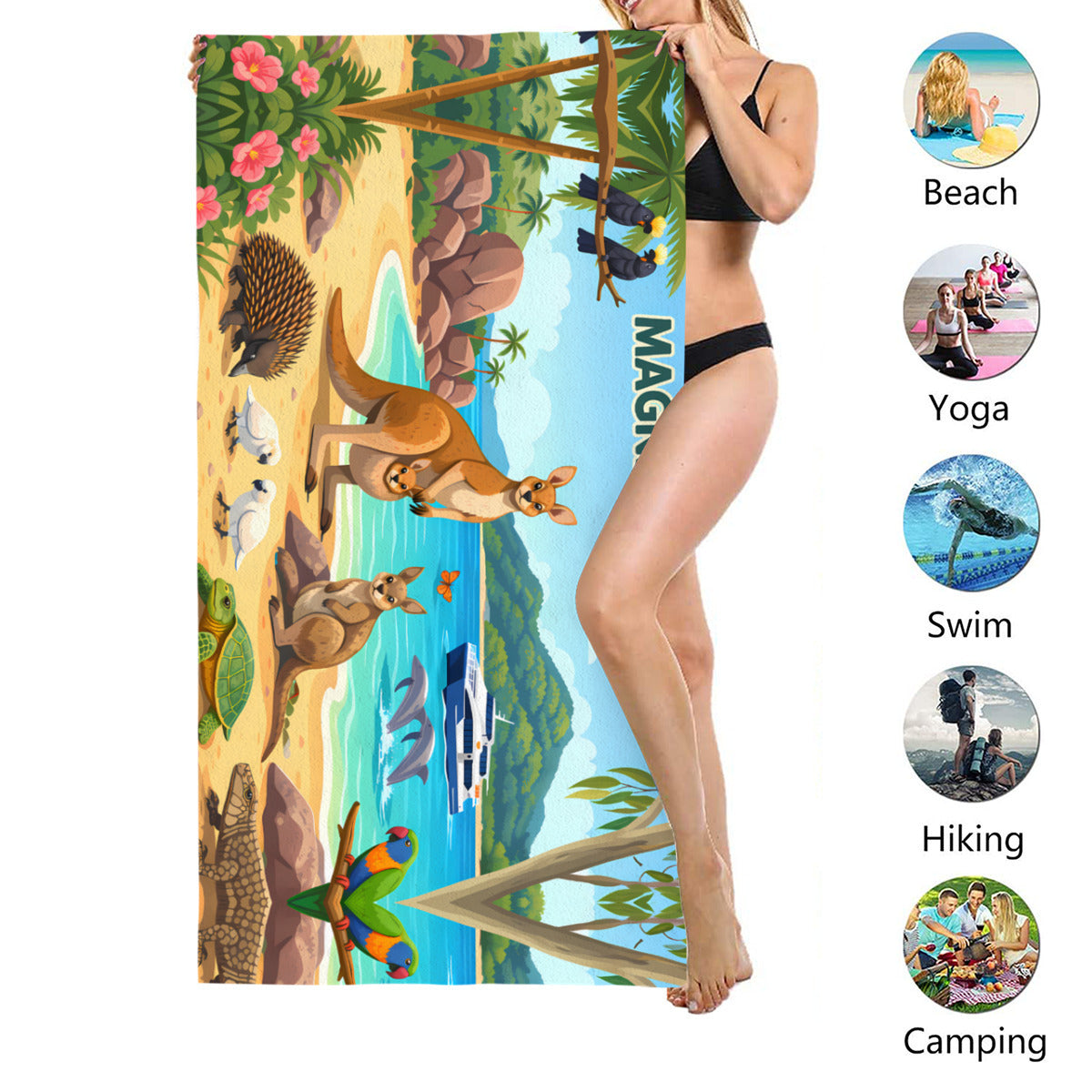Magnetic Island wildlife scene beach towel size shown, suited to beach, yoga, swimming, hiking and camping