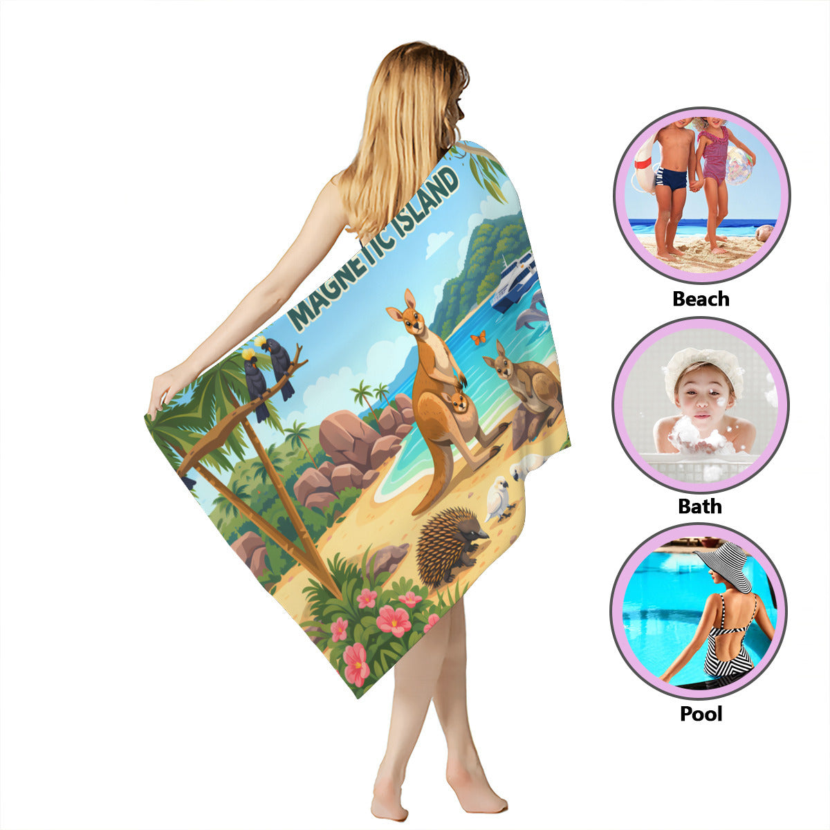 Magnetic Island wildlife scene beach towel wrapped around the body, for beach, bath or pool