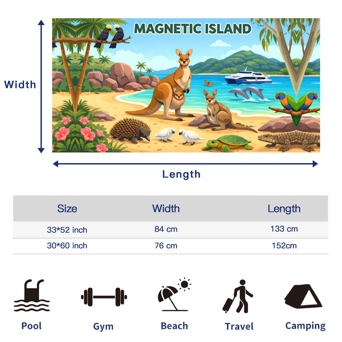 Size chart for the beach towel, 33 x 52 inch and 30 x 60 inch