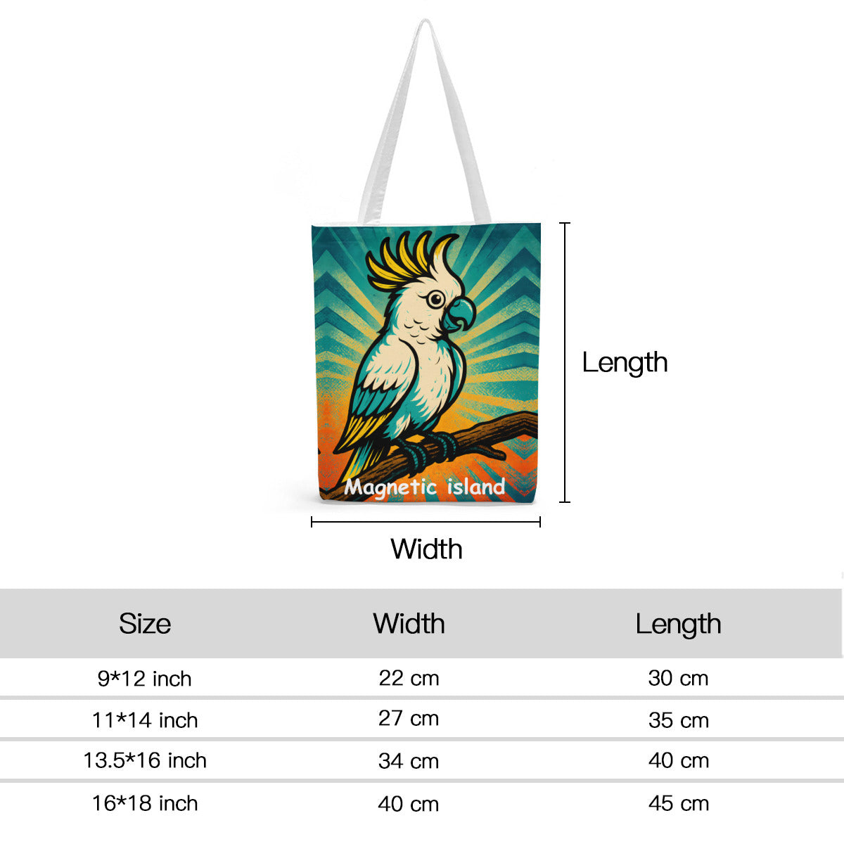 Cockatoo tote bag size chart: S, M, L and XL dimensions
