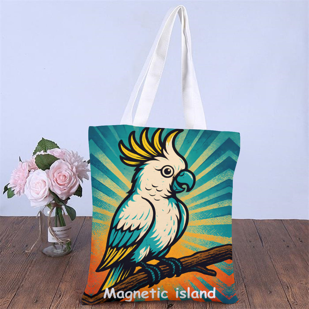 Cockatoo tote bag styled on a table with flowers