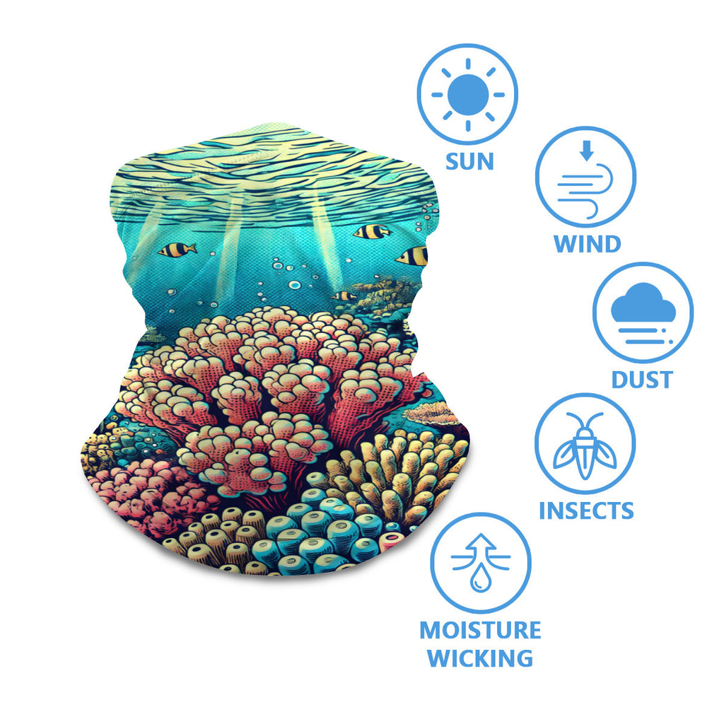 Coral Reef neck gaiter worn around the neck, with sun, wind, dust and insect protection icons