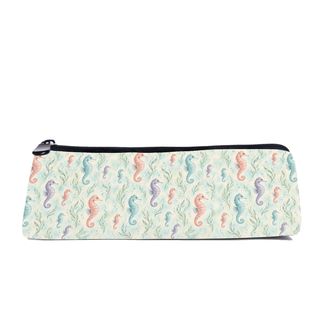Slim zip pencil case printed with coral, teal and lilac seahorses among seaweed on pale sage