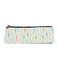 Slim zip pencil case printed with coral, teal and lilac seahorses among seaweed on pale sage