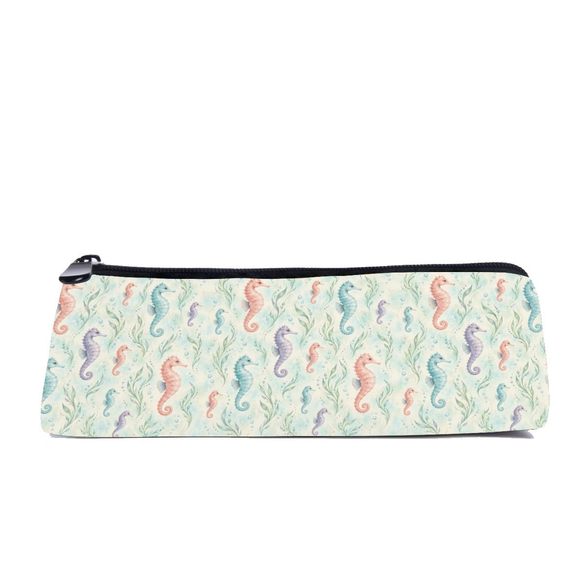 Slim zip pencil case printed with coral, teal and lilac seahorses among seaweed on pale sage