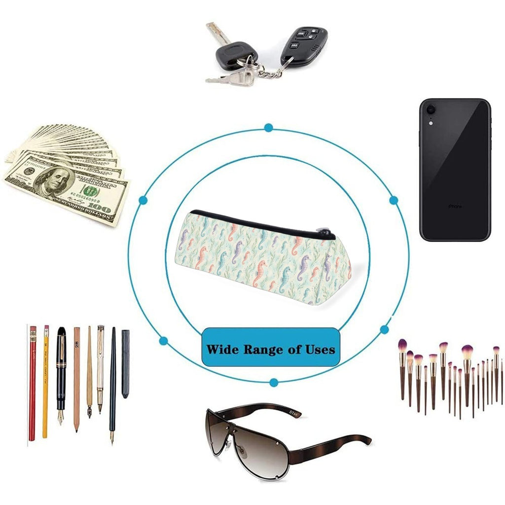 Seahorse pencil case shown with items it can hold, including pens, brushes, keys and a phone