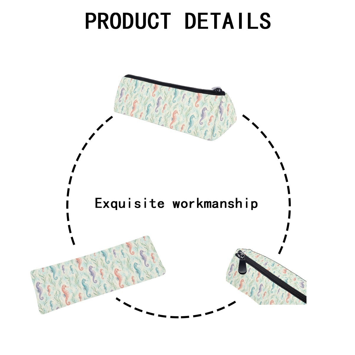 Product details diagram of the pencil case showing the zip and stitching