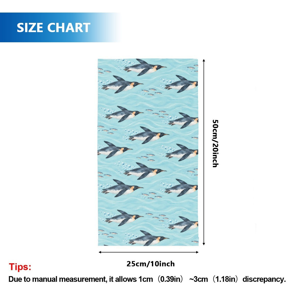 Size chart for the neck gaiter, a tube about 50 cm long and 25 cm wide when flat