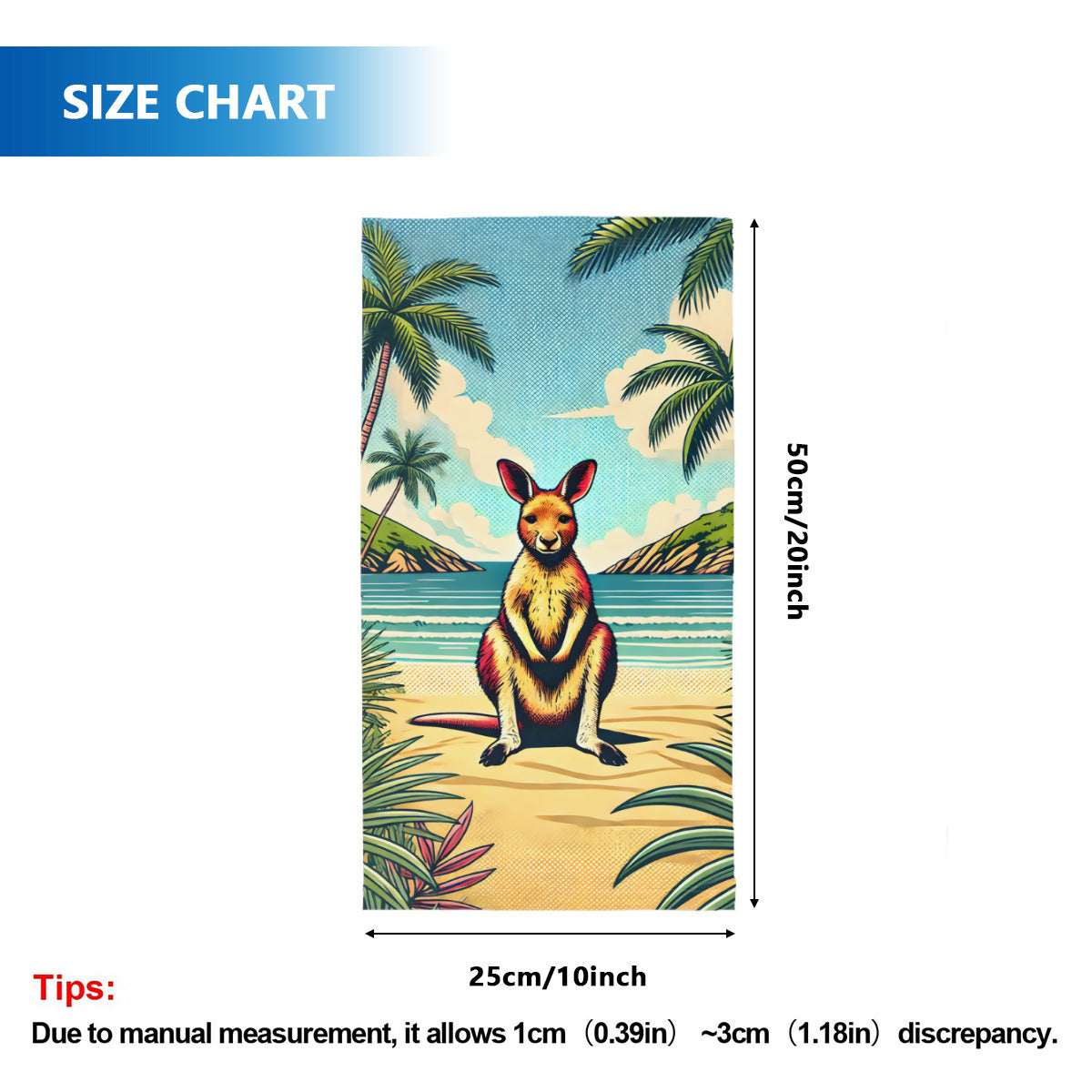 Beach Wallaby neck gaiter size chart, one size, 25 x 50cm