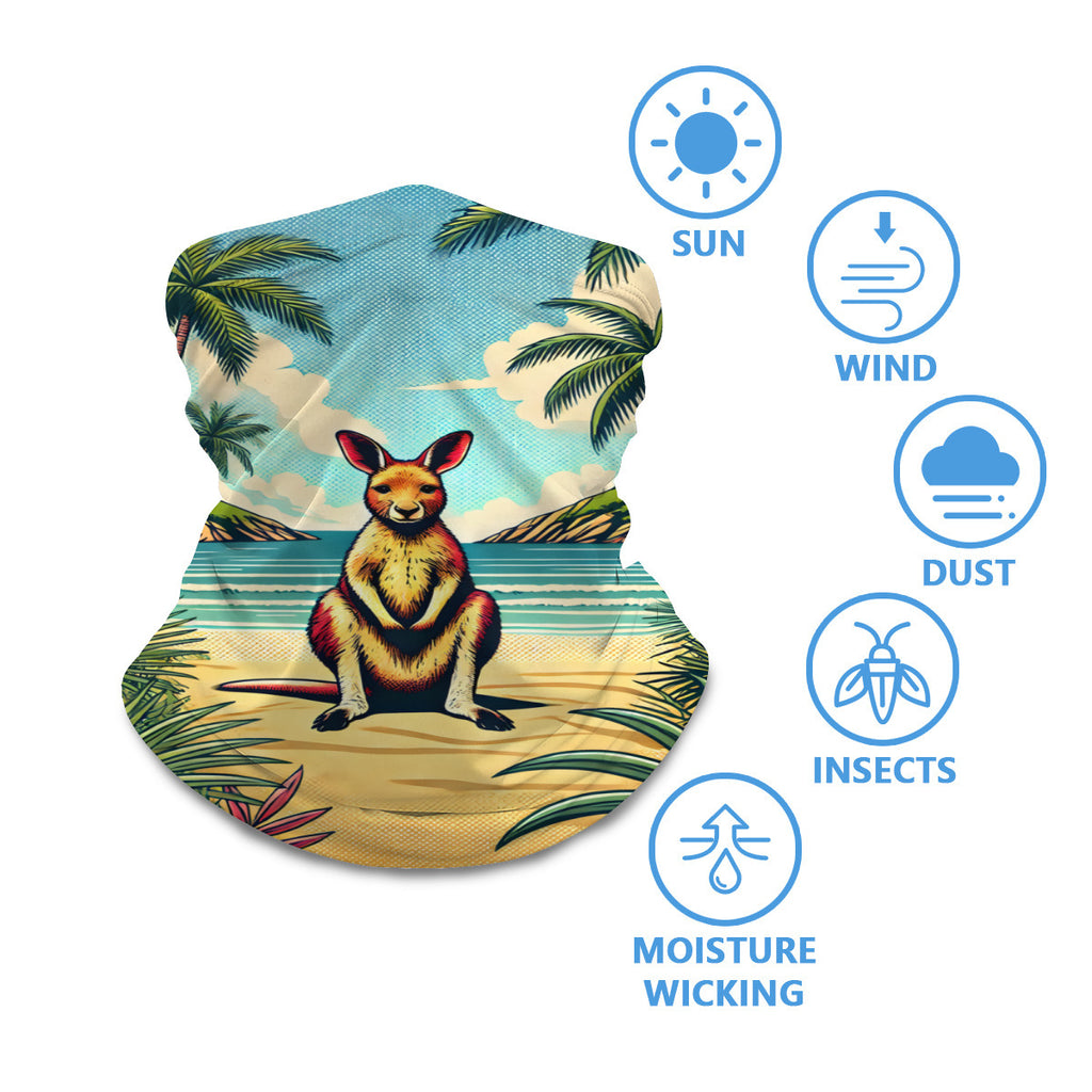 Beach Wallaby neck gaiter worn around the neck, with sun, wind, dust and insect protection icons
