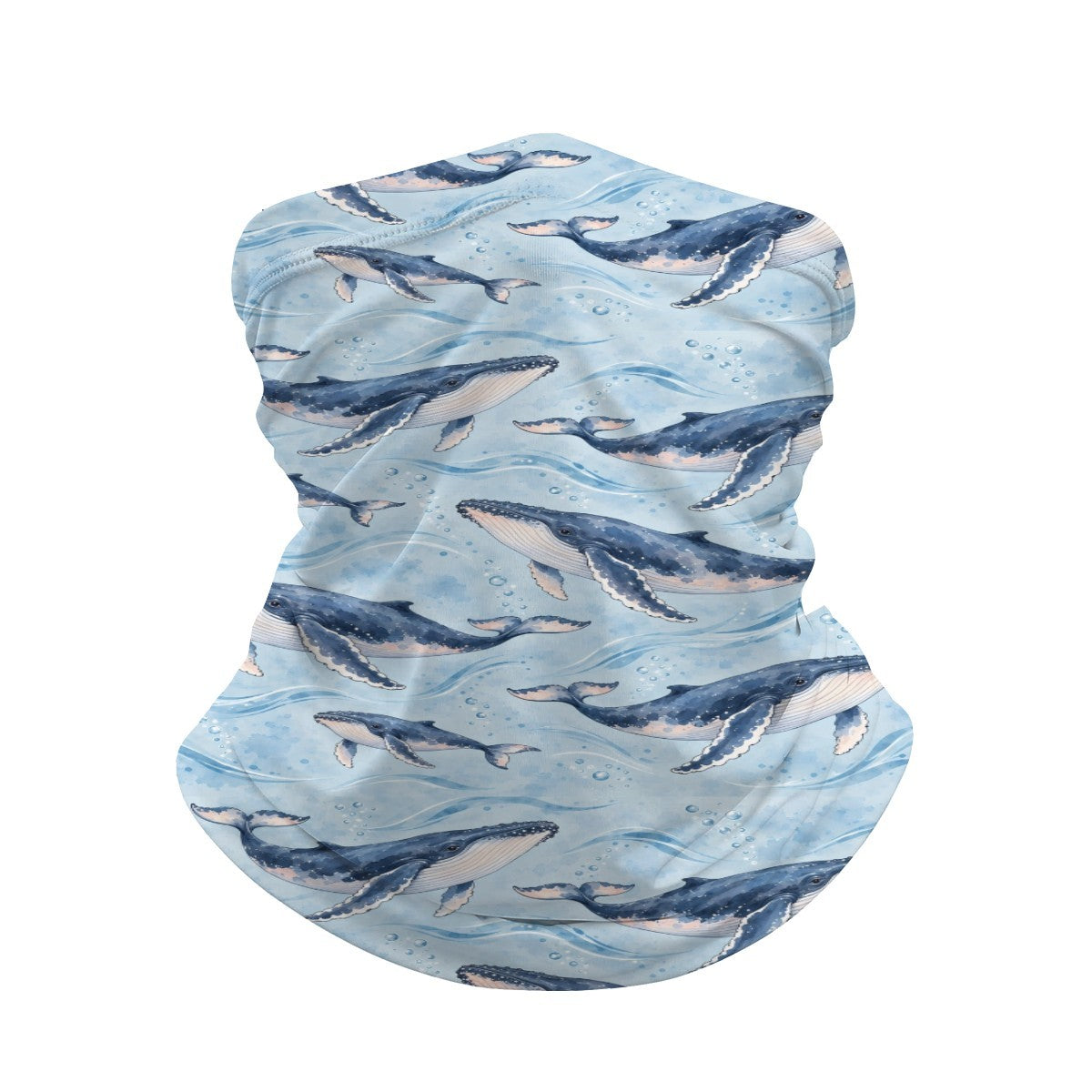 Neck gaiter and diving headband with navy and slate humpback whales on a pale blue sea